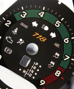 Porsche 718 Boxster/Cayman Tachometer Face – 9000 RPM – Automatic – Retro Edition – White with Retro Style Ring (Gold Logo)