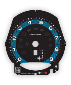 For Porsche 911 (991.1) / 981: Gauge Face Tachometer – OPTIONS – Classic Rings – 9000 RPM – Black with Shark Blue Ring