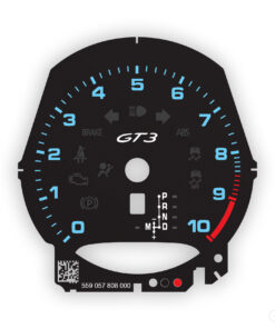Porsche 911 991 GT3 Gauge Face Tachometer - PDK - Black with Frozen Blue Numbers