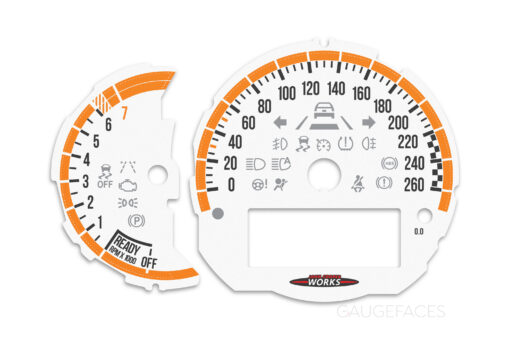 Mini Cooper F55 Custom Gauge Face Cluster Dashboard Dials - Custom Design - White/Orange - 7000 rpm - 260 kmh