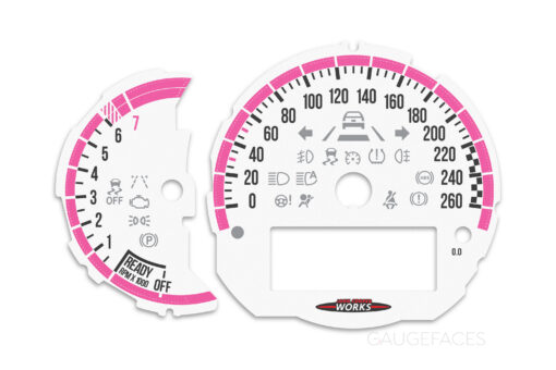 Mini Cooper F55 Custom Gauge Face Cluster Dashboard Dials - Custom Design - White / Pink - 7000 rpm - 260 kmh