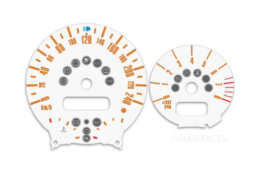 Mini Cooper R50 Custom Gauge Face Cluster Dashboard Dials - Speedometer / Tachometer - Custom Design - White/Orange - 8000 rpm - 240 kmh