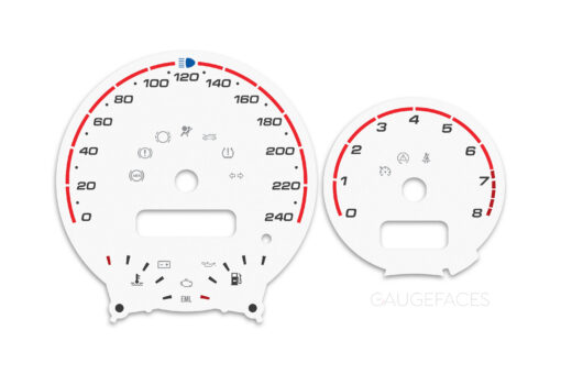 Mini Cooper R50 Custom Gauge Face Cluster Dashboard Dials - Speedometer / Tachometer - Custom Design - White with Red Accents - 8000 rpm - 240 kmh