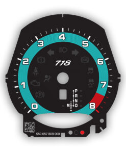 For Porsche 718 Boxster / Cayman: Gauge Face Tachometer - 8000 RPM - PDK - Black with Miami Blue Solid Accent Ring