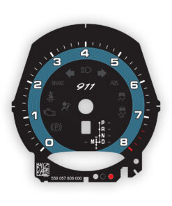 For Porsche 911 991.2: Gauge Face Tachometer - PDK - Black with 992-Style Oslo Blue Ring