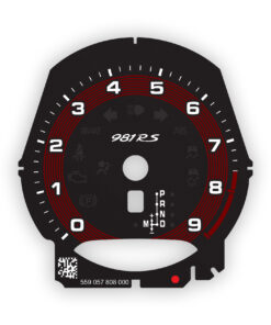 For Porsche 981 Cayman GT4: Custom Gauge Face Tachometer – GT4RS Logotype - Black with Red Fine-Line Accent Ring