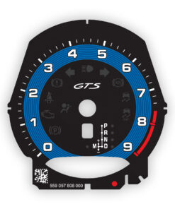 For Porsche 981 GTS: Gauge Face Tachometer - Custom Design - PDK - Black with Shark Blue Solid Accent Ring