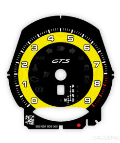 For Porsche 991 / 981 GTS: Gauge Face Tachometer – 9000 RPM – PDK – Black with Yellow Solid Accent Ring