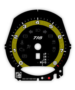 For Porsche 718 Boxster / Cayman: Gauge Face Tachometer – 718 Logotype – PDK – Black with Racing Yellow Striped Accent Rings
