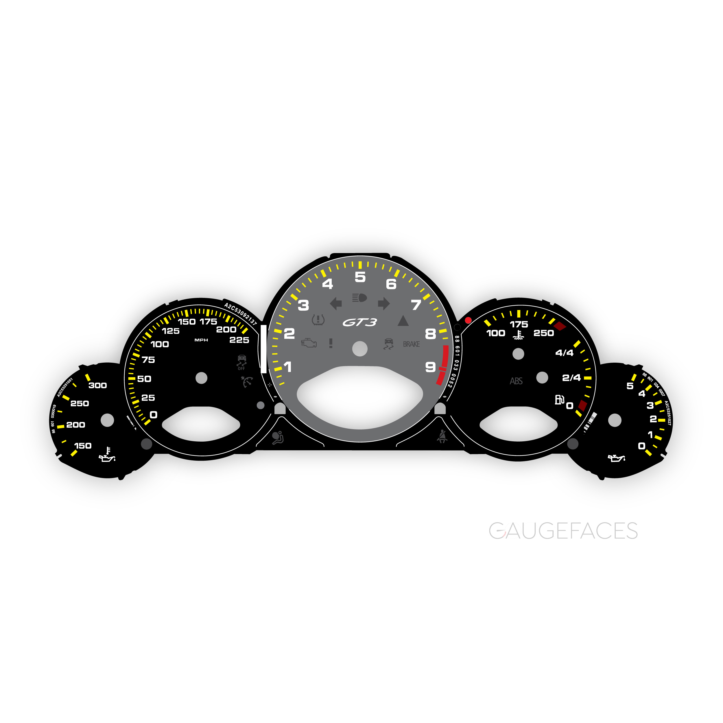 Porsche-911-997.2-GT3-gauge-faces-set---Black-with-Gray-tachometer-US