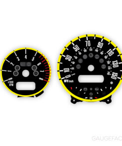 Custom Order: Mini One / Cooper / S (R50/52/53) Cluster Gauge Faces Set – 150 MPH / 240 KMH – Black / Yellow – Needles – Yellow / Black Base