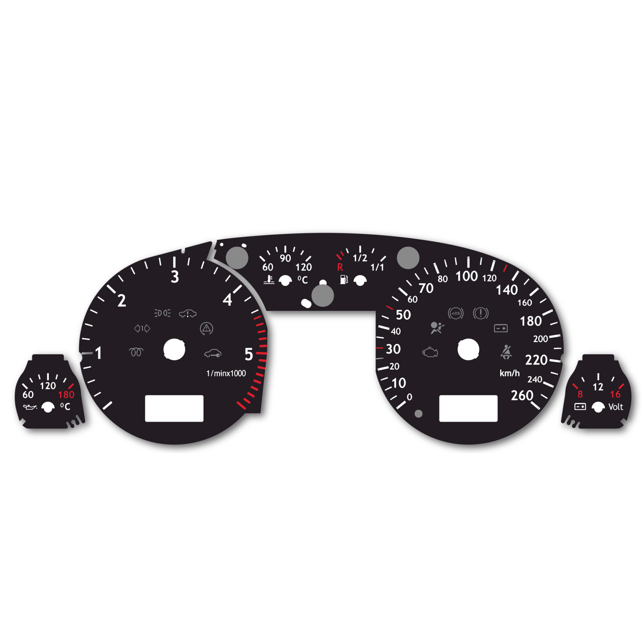 Audi A4 Gauge Faces – 6000 RPM – 260 KM/H – Black - Gauge Faces