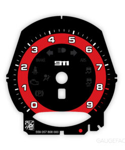 For Porsche 911 991.1: Gauge Face Tachometer – 911 Logo - OPTIONS – Black / Guards Red Solid Halo Ring