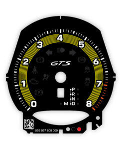 For Porsche Macan GTS (2021-): Gauge Face Tachometer – Black / Yellow Pinstripe