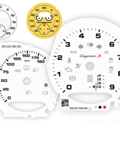Collaboration Product: For Porsche 718 / 981 Cayman S: Gauge Faces – White Custom Logotype – US – Two Custom Sport Chrono
