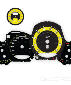 Custom Order: For Porsche 911 991.1: Gauge Faces – MT –  US – Black / Yellow Pinstripe – Custom Logotype / Sport Chrono