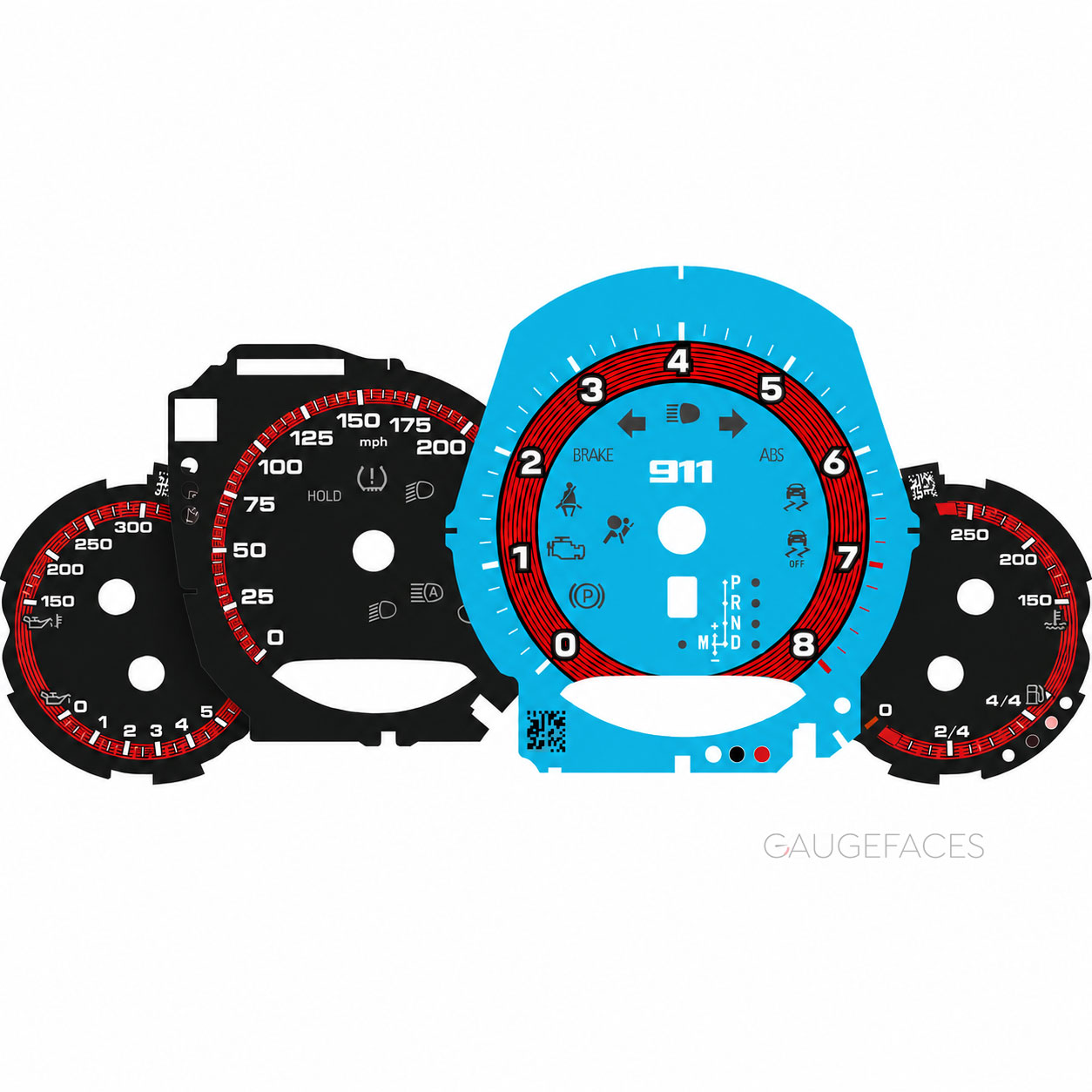 Porsche-991.2-replacemet-dials-gauge-faces-Black-Miami-Blue-Cutom-Red-Black-Stripes