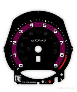 Custom Order: For Porsche 718 Cayman GTS: Gauge Face Tachometer – GTS 4.0 Logo – Black / Ruby Star Pinstripe