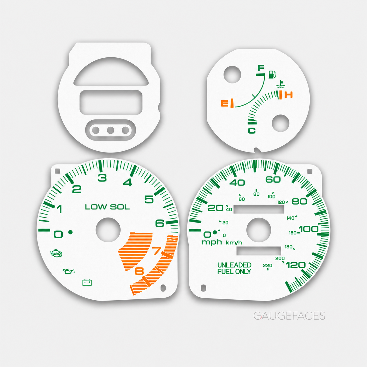 Honda-Del-Sol-gauge-faces-White-with-Green-numbers-Orange-Limiters-with-Logo