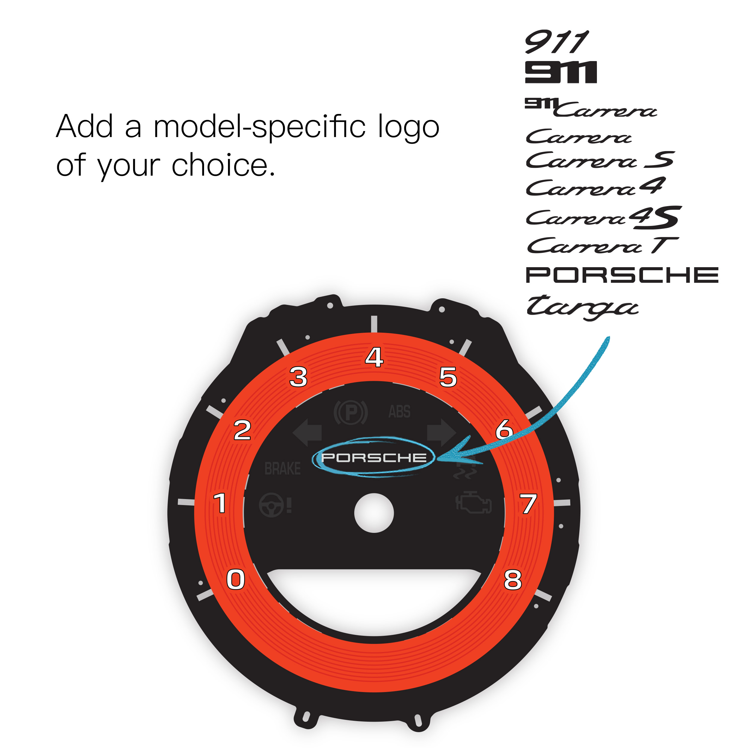 Porsche-911-992-gauge-face-tachometer---lava-orange-logo-option